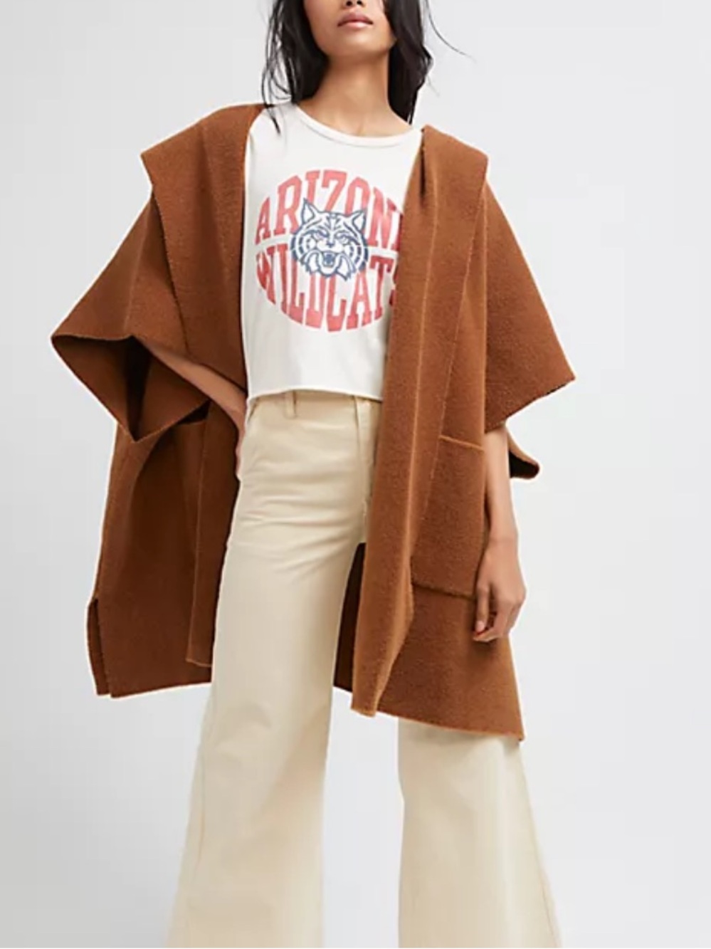 Free People Women’s OS Brown All I Need Cozy Hoodie Duster Cape Knit Jacket